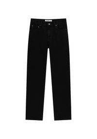Jean noir droit avec cinq poches, fermeture à boutons et passants de ceinture, posé à plat sur fond blanc.