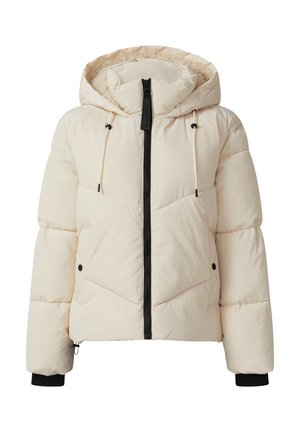 Cremfarbener, gepolsterter Winterjacke mit Kapuze, schwarzem Frontreißverschluss, Kordelzügen, Seitentaschen mit Druckknöpfen und schwarzen Bündchen.