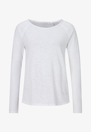 Witte longsleeve t-shirt met een ronde hals, gemaakt van lichte stof, met een zachte textuur en een minimaal ontwerp.