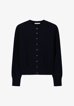 Marineblauer Cardigan mit rundem Halsausschnitt, langen Ärmeln und durchgehender Knopfverschluss. Gerippter Saum und Bündchen für eine strukturierte Detailgestaltung.