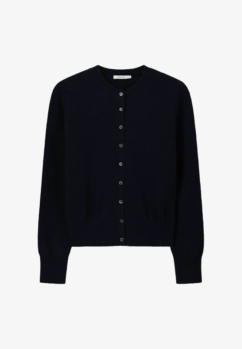 Cardigan bleu marine à col rond, à manches longues et avec fermeture à boutons sur le devant. Ourlets et poignets côtelés pour un détail texturé.