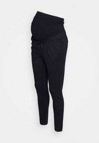 Zwarte zwangerschapsbroek van rekbaar materiaal. Heeft een hoge tailleband voor comfort, taps toelopende pijpen en zijzakken.