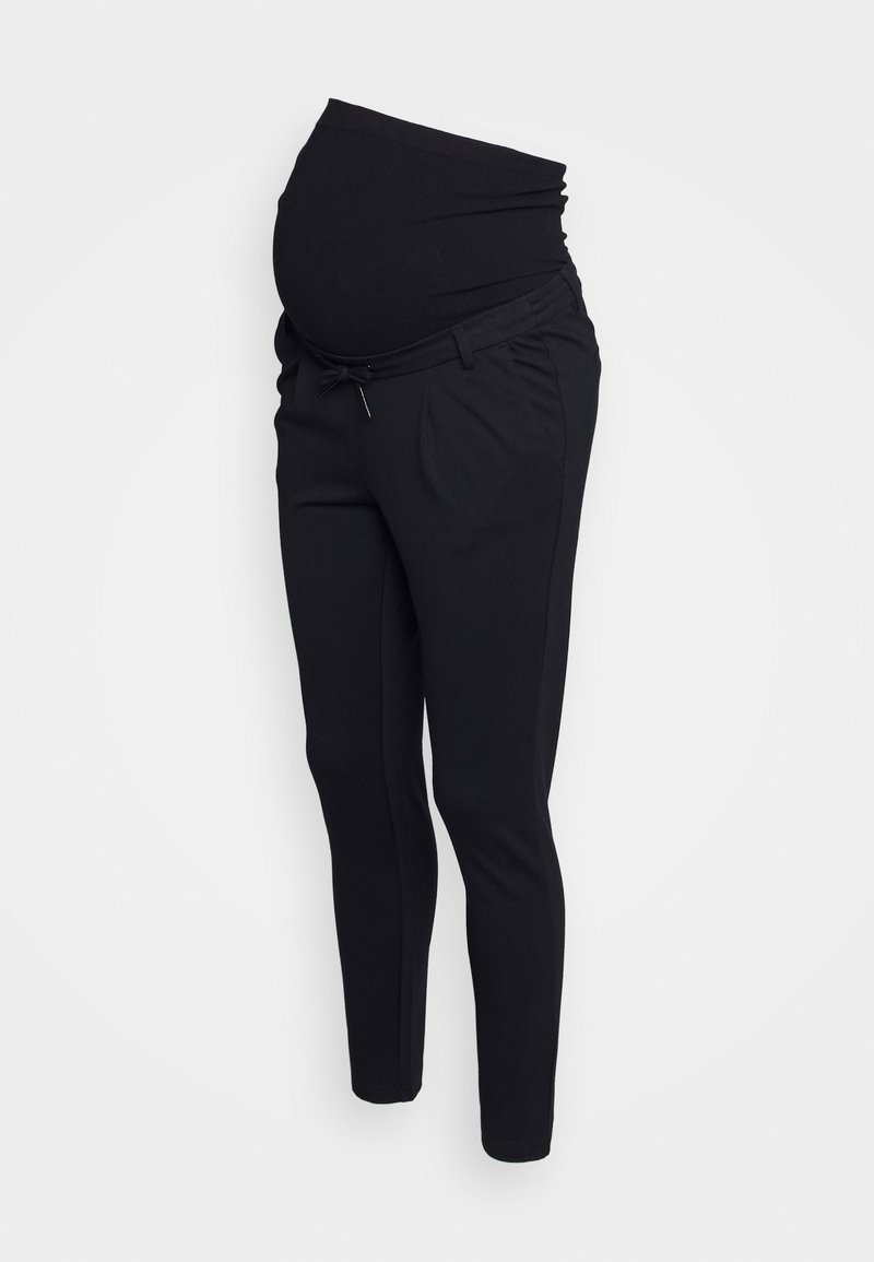 Zwarte zwangerschapsbroek van rekbaar materiaal. Heeft een hoge tailleband voor comfort, taps toelopende pijpen en zijzakken.