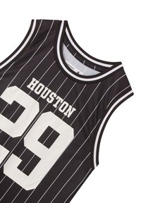 Maglietta da basket nera con strisce verticali bianche, scritta bianca "HOUSTON" e il numero "29" in grassetto sulla parte anteriore.