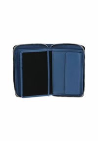 Portefeuille en cuir bleu avec fermeture éclair, comprenant des emplacements pour cartes, un compartiment en mesh noir et une texture lisse. Vue intérieure complète affichée.