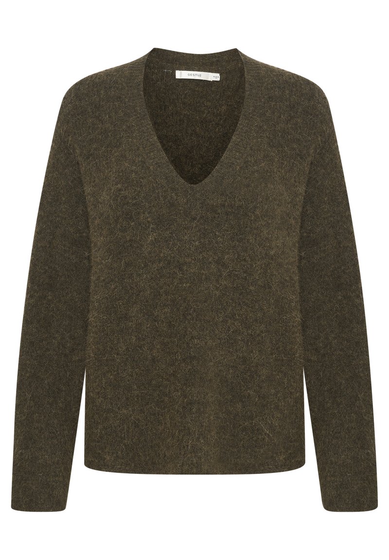 Suéter verde oliva de manga larga con diseño de escote en V. Tela suave y texturizada con un ajuste ligeramente relajado y detalles de costura mínimos.