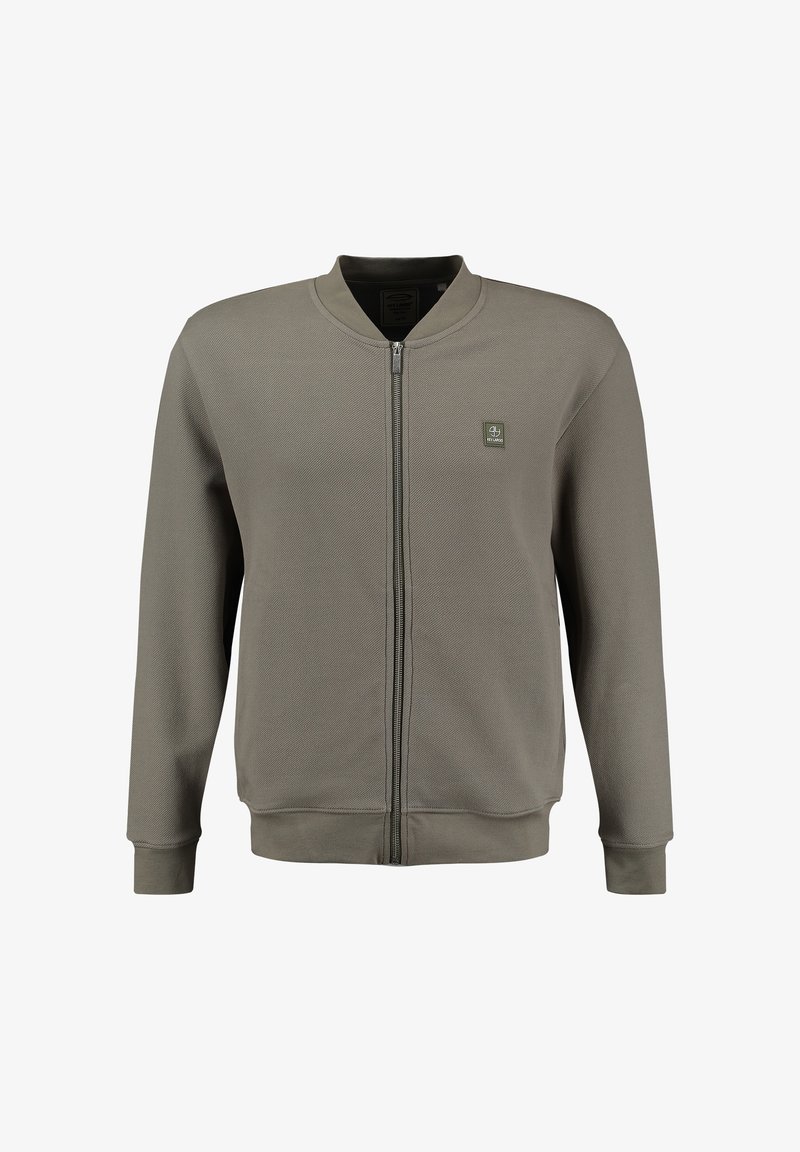 Heren bomberjack in olijfgroen met ritssluiting, geribbelde kraag, manchetten, zoom en een klein vierkant logo op de borst.