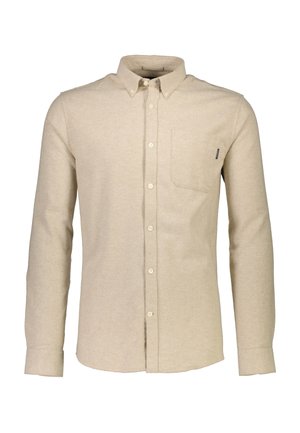 Chemise beige à manches longues, à boutons, avec une poche poitrine et un tissu lisse et texturé. Col classique et poignet standard.