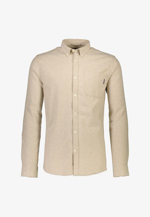 Beige long-sleeve shirt, button-down design, featuring a chest pocket and a smooth, textured fabric. Classic collar and standard cuff.