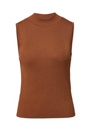 Bruine mouwloze gebreide top met een hoge ribbelkraag, met een getailleerde vorm en een soepele textuur. Geen zichtbare patronen of accenten.