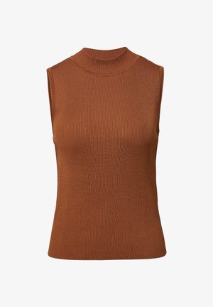 Bruine mouwloze gebreide top met een hoge ribbelkraag, met een getailleerde vorm en een soepele textuur. Geen zichtbare patronen of accenten.