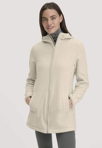 Cremefarbener Fleece-Cardigan mit Reißverschluss, Kapuze und zwei Fronttaschen. Besitzt eine weiche Textur und eine lockere Passform.