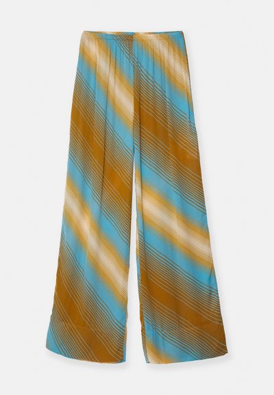 Wijdvallende broek met een meerkleurig gestreept patroon in bruin, lichtblauw en crema. Gemaakt van een lichte stof met een elastische tailleband.