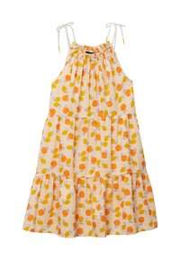 Robe légère sans manches avec un motif de fruits orange et jaune sur un fond crème. Présente un corsage smocké et des volants à niveaux.
