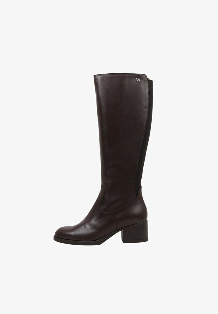 Brown leather knee-high boot with a textured finish, square toe, chunky heel, and elastic side panel. Features a small branded accent.