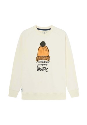 Sudadera de color crema claro con un gráfico de un gorro de lana naranja con un pom-pom negro, y texto negro que dice "Altonadock company Winter #25."