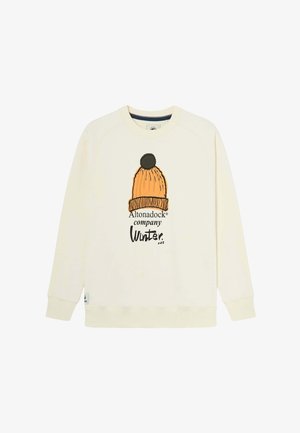 Sudadera de color crema claro con un gráfico de un gorro de lana naranja con un pom-pom negro, y texto negro que dice "Altonadock company Winter #25."