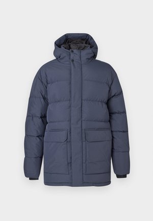 Tamsiai mėlynas pūkinis švarkas su kapišonu, turintis siuvinėto dizaino, dvi priekinės kišenės ir elastingi rankogaliai papildomam izoliacijai.