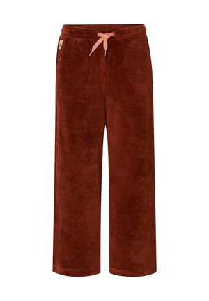 Pantalones anchos de terciopelo color marrón óxido con cordón rosa y bolsillos laterales, cintura elástica para ajuste regulable.