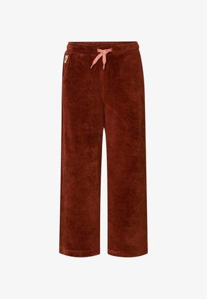 Rustbrune velouroversized bukser med pink snor og sidelommer, elastisk talje for justerbar pasform.