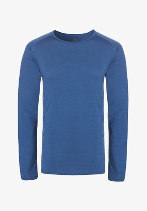 Long-sleeve, crew-neck shirt in a solid blue color, made of lightweight fabric with a smooth texture and raglan sleeve design.