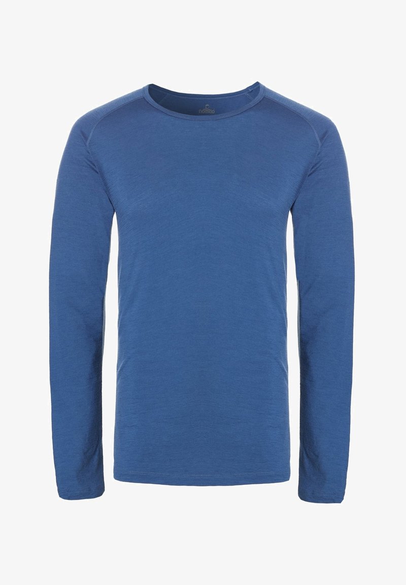 Langarm shirt met ronde hals in een effen blauwe kleur, gemaakt van lichte stof met een gladde textuur en raglanmouwen.