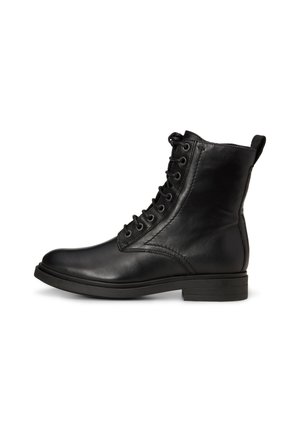 Black leather lace-up ankle boot with low heel and pull tab at back, shown from the side on a white background.