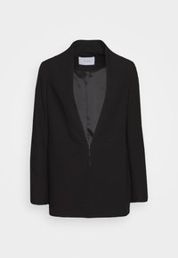 Blazer noir avec col cranté, devant ouvert, manches longues et doublure intérieure lisse. Conçu avec une coupe ajustée et un style minimaliste.