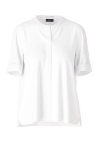 Haut blanc à manches courtes avec encolure ronde, détails de couture sur le devant, et revers aux manches ; texture douce, coupe décontractée, ourlet incurvé.