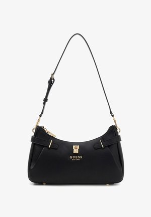 Czarna torebka Guess z teksturowanej skóry z złotym logo, detalem zamka, regulowanym paskiem na ramię i zamknięciem na suwak u góry.