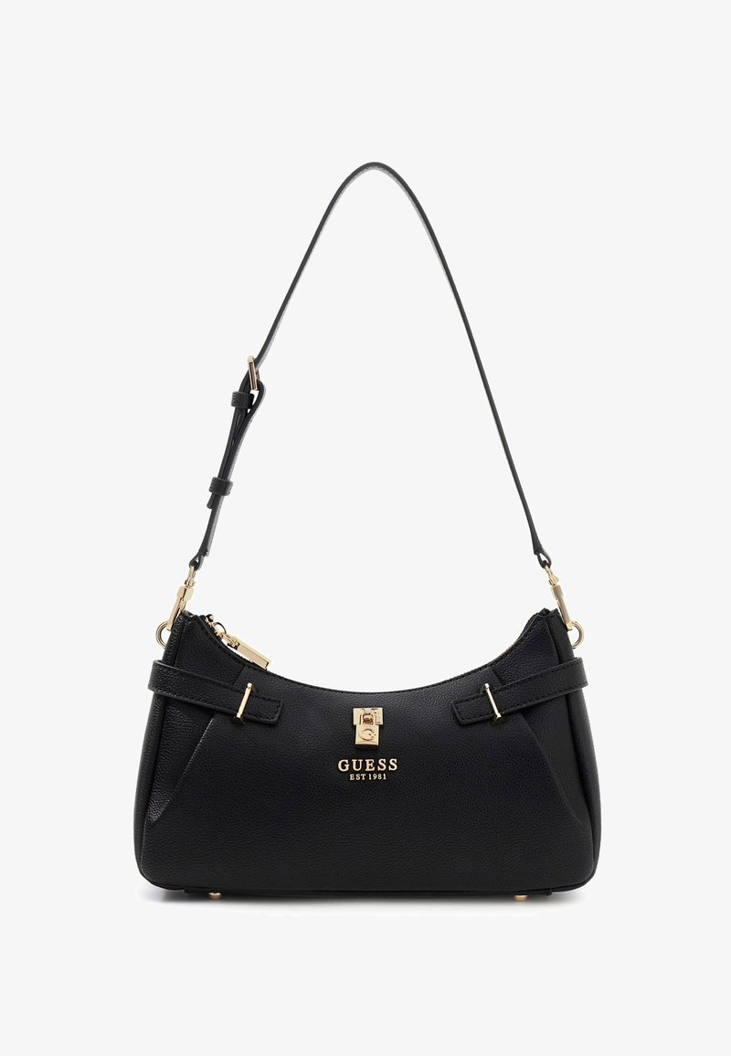 Borsa Guess in pelle nera strutturata con logo dorato, dettaglio lucchetto, tracolla regolabile e chiusura superiore con zip.