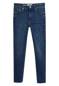 Jeans denim di colore blu scuro con vestibilità slim. Presentano cinque tasche, chiusura con bottone in metallo e cuciture a contrasto. Tessuto liscio con lieve sbiadimento.