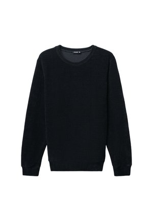 Maglione nero a maglia con scollo rotondo, maniche lunghe, polsini e orlo a coste, realizzato in un tessuto testurizzato per un tocco di dettaglio in più.