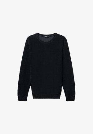 Maglione nero a maglia con scollo rotondo, maniche lunghe, polsini e orlo a coste, realizzato in un tessuto testurizzato per un tocco di dettaglio in più.