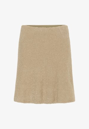 Beige pluizige rok met een uitlopende vorm, een gestructureerd oppervlak en een elastische tailleband, die een zachte, warme uitstraling biedt.