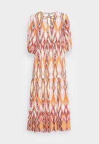 Mönstrad A-linje klänning med korta puffärmar, med en design av orange, rosa och krämfärgade diamanter, indragen midja och rund halsringning.