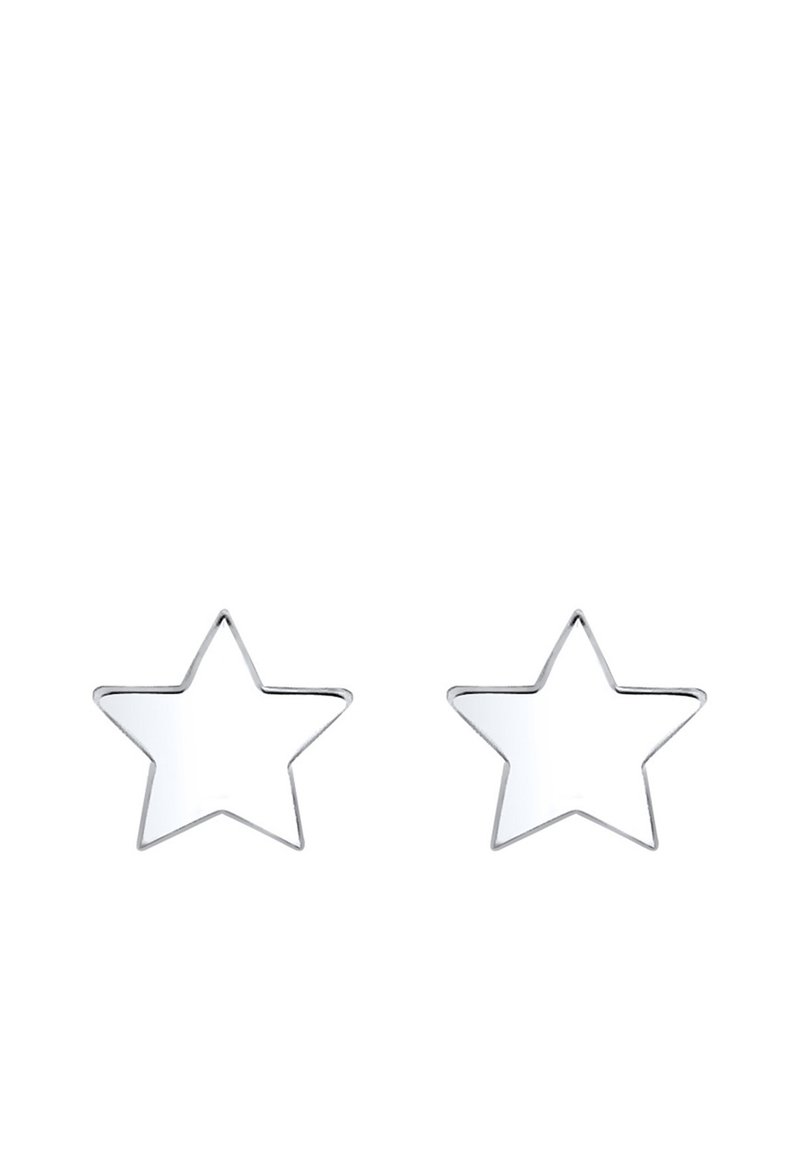 Silberne, sternförmige Ohrringe mit einer polierten Oberfläche, die ein ausgeschnittenes Design und eine glatte Textur aufweisen, mit einem Durchmesser von etwa 2,5 cm.