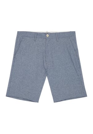 Blue-grey casual shorts with button closure, belt loops, and side pockets, displayed against a white background.