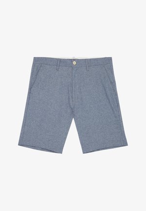 Blue-grey casual shorts with button closure, belt loops, and side pockets, displayed against a white background.