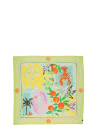 Foulard quadrato in seta con sfondo verde chiaro, un sole audace, frutti arancioni, un'aragosta e motivi tropicali in colori vivaci.