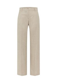 Beige brede broekspijpen van lichtgewicht stof, met een knoopsluiting aan de voorkant, zijzakken en een gladde textuur.