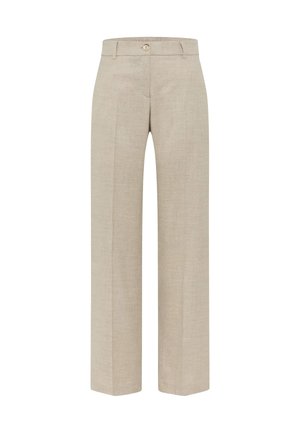 Beige Hosen mit weitem Bein aus leichtem Stoff, ausgestattet mit einer vorderen Knopfleiste, Seitentaschen und einer glatten Textur.