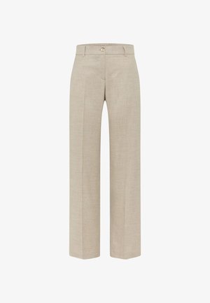 Beige brede broekspijpen van lichtgewicht stof, met een knoopsluiting aan de voorkant, zijzakken en een gladde textuur.