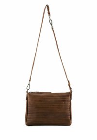 Brown leather crossbody bag with horizontal stitching, a rectangular shape, and adjustable strap. Features a zipper closure and metal hardware.
