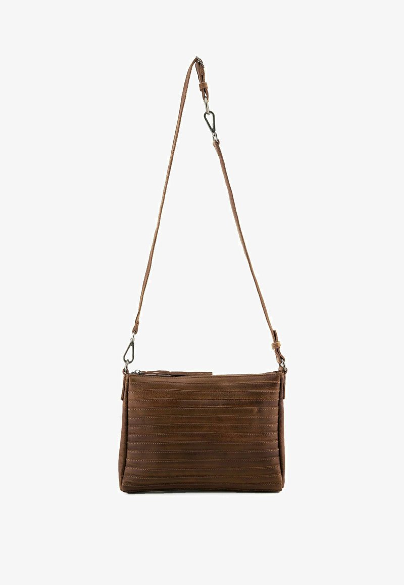 Brown leather crossbody bag with horizontal stitching, a rectangular shape, and adjustable strap. Features a zipper closure and metal hardware.