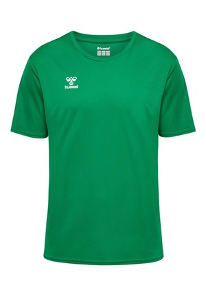 Groene T-shirt met korte mouwen, gemaakt van gladde stof en met een ronde hals. Heeft een logo op de linkerborst en een rechte zoom.