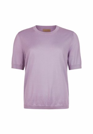 Haut en tricot lilas à manches courtes avec col ras-du-cou et poignets côtelés, présenté sur un fond blanc.