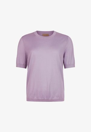 Fioletowy krótki sweter z krótkim rękawem, okrągłym dekoltem i ściągaczami na mankietach, przedstawiony na białym tle.