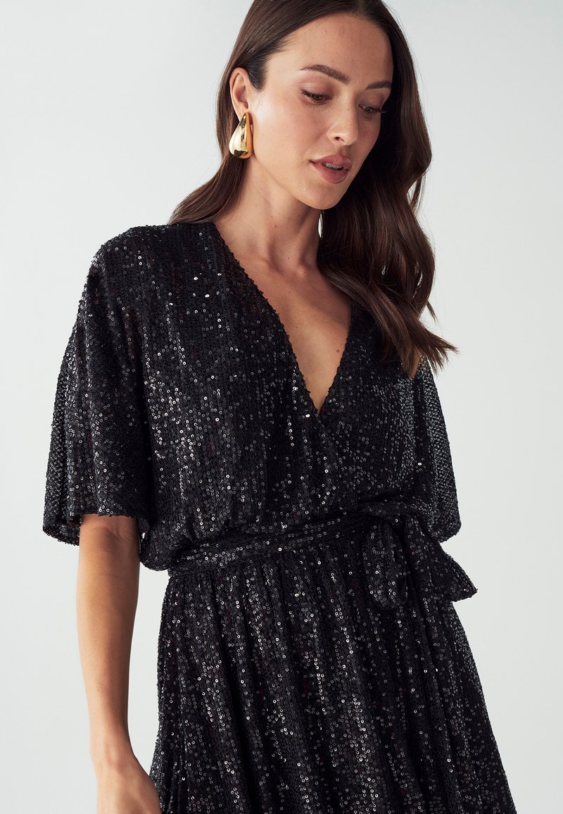 black sparkle wrap dress Long Sleeve Wrap Dress In Black Sequin Velvet main image 0