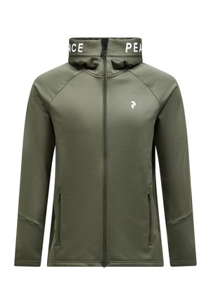 Olivgrüne Zip-Jacke mit hohem Kragen, schwarzen Akzenten, weißem "PEACE"-Text und zwei seitlichen Reißverschlusstaschen. Glattes, dehnbares Material.